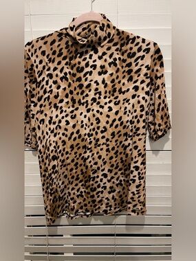 Calvin Klein Leopard Print Turtleneck Top - Tan & Black